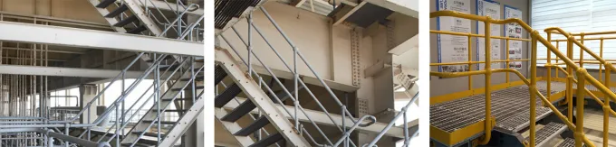 Ball joint handrail system used on factory staircase platform, providing secure and durable access solution